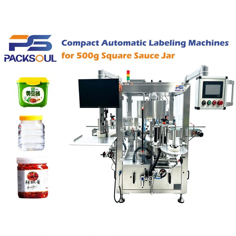 Etikettiermaschine für quadratische 500-g-Saucengläser