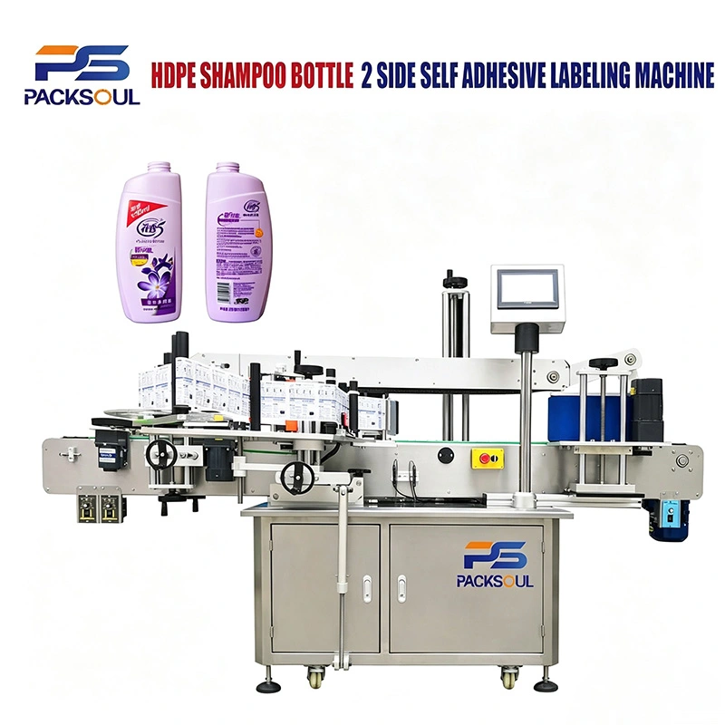 Doppelseitige Etikettiermaschine für HDPE-Shampooflaschen